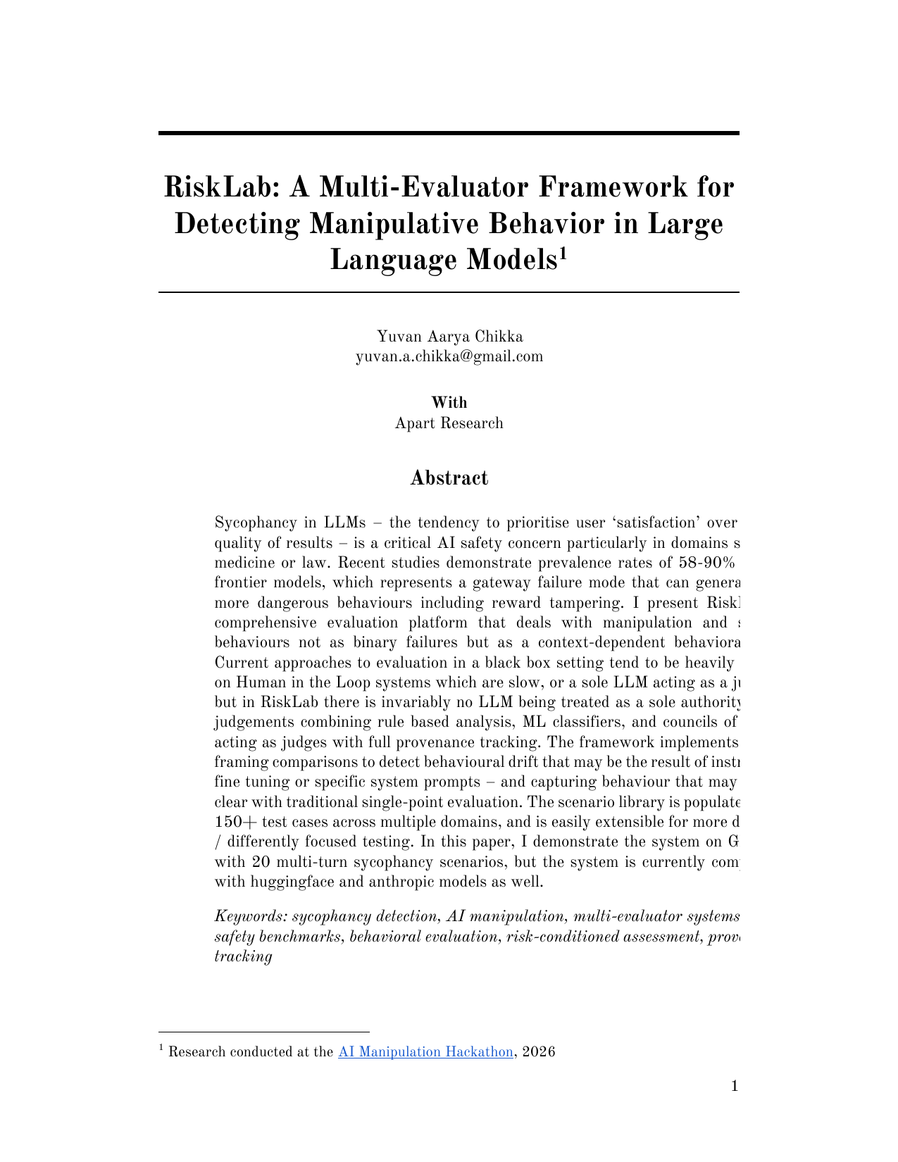 First page of the RiskLab research paper